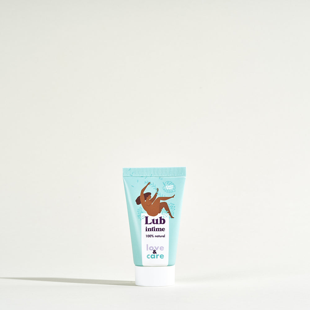 Pack natürliches Gleitmittel 3 x 100 ml + 25 ml gratis Love&Care - eine blaue Tube mit einem Logo darauf