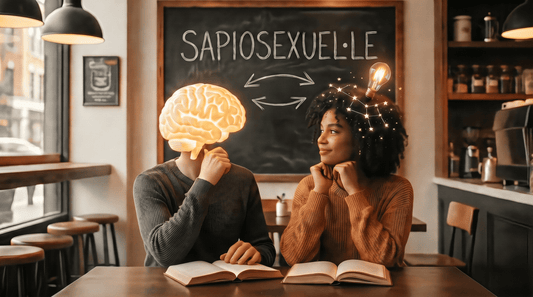 Un couple attablé dans un café, chacun a un livre ouvert. L'un des personnes a un cerveau illuminé à la place du visage, l'autre a une ampoule allumée et une constellation  brillante dans les cheveux. Derrière eux un tableau noir avec écrit sapiosexuel·le
