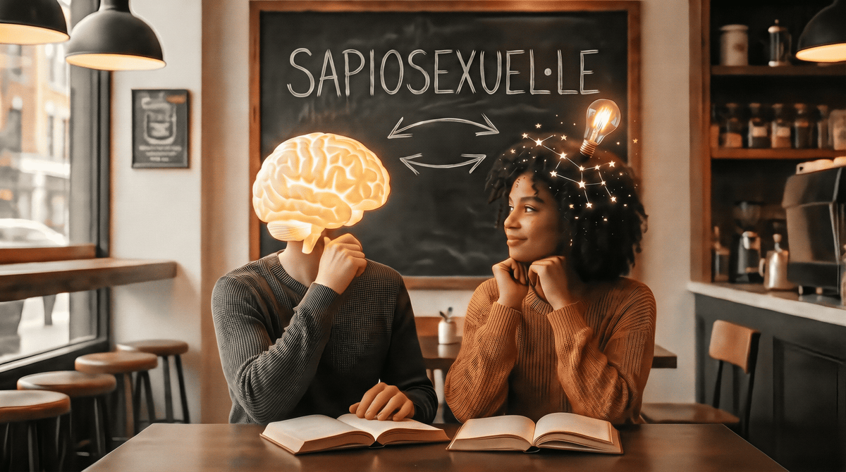 Un couple attablé dans un café, chacun a un livre ouvert. L'un des personnes a un cerveau illuminé à la place du visage, l'autre a une ampoule allumée et une constellation  brillante dans les cheveux. Derrière eux un tableau noir avec écrit sapiosexuel·le
