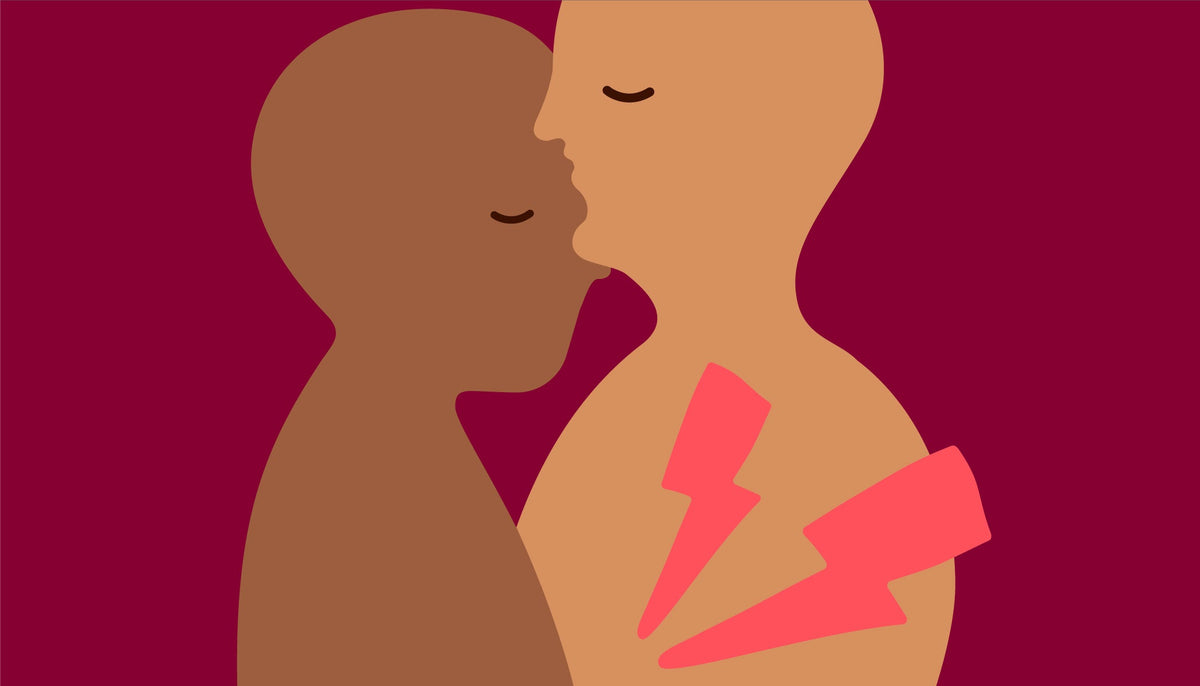 Illustration d'un couple enlacé représentant les douleurs pendant les rapports sexuels et la dyspareunie.