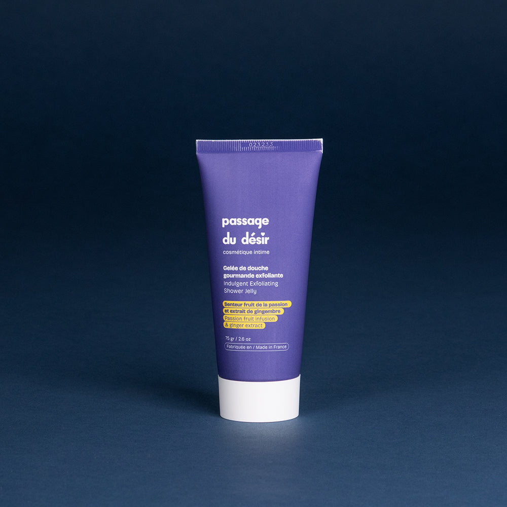 Verführerisches Duschgelee 100 ml - eine lila Tube mit weißem Etikett