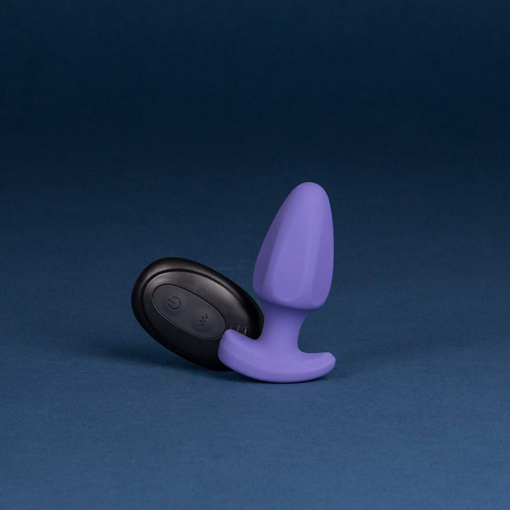 Vibrierender Plug mit Fernbedienung - Ein lila Toy mit einem schwarzen ovalen Objekt