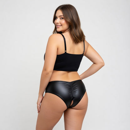 Culotte ouverte en simili cuir noir OhYeah - Culotte ouverte en simili cuir noir OhYeah