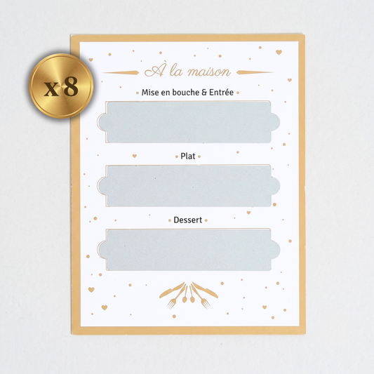 a white and gold menu